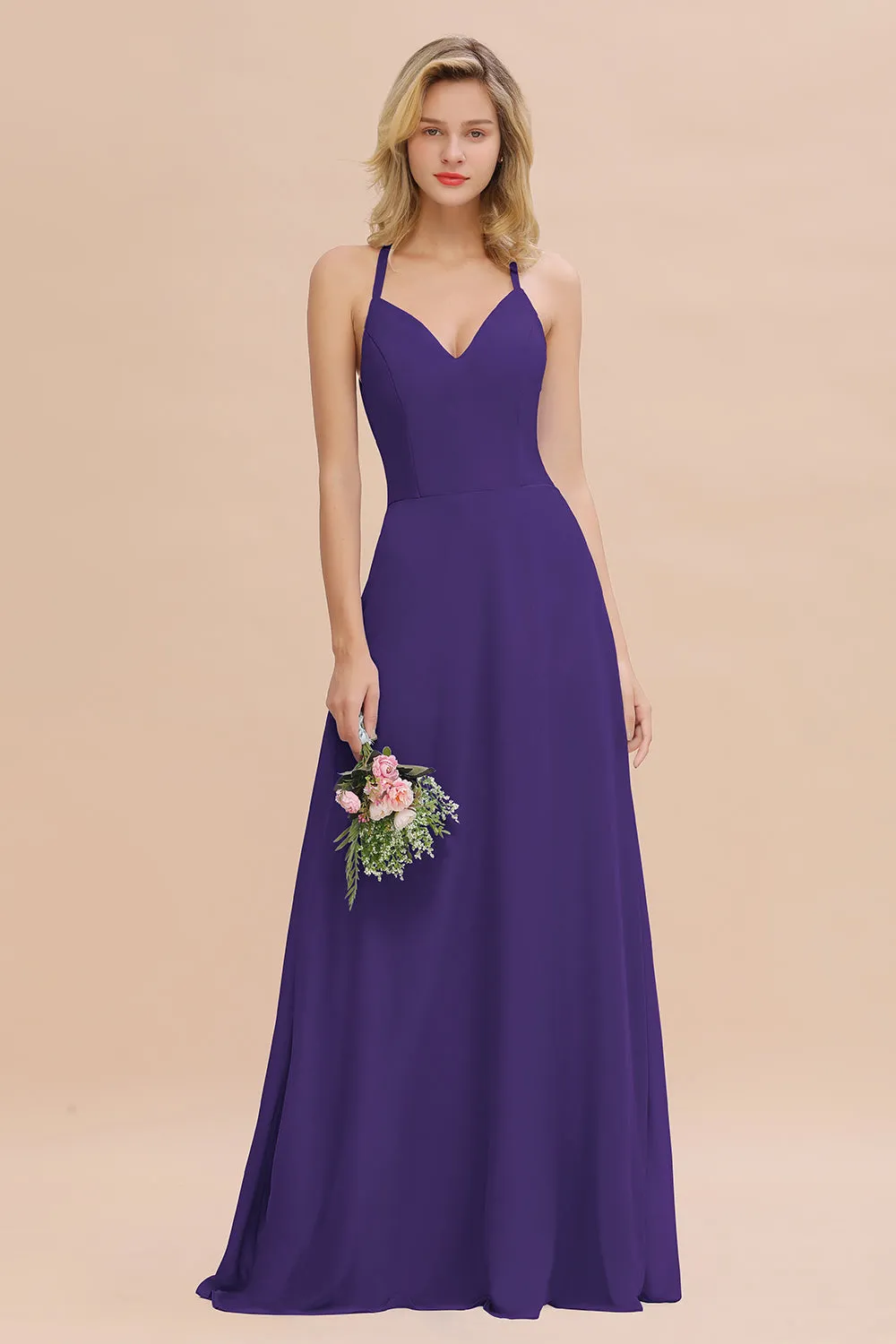 Stylish A-line Chiffon Spaghetti Straps Sleeveless Long Bridesmaid Dress