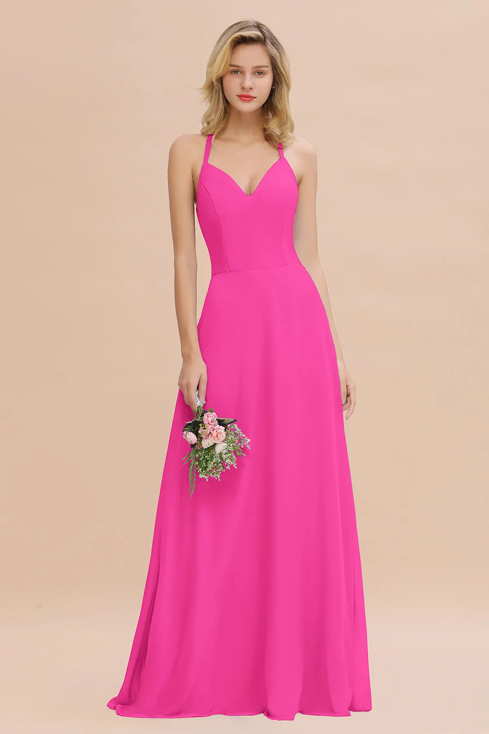 Stylish A-line Chiffon Spaghetti Straps Sleeveless Long Bridesmaid Dress