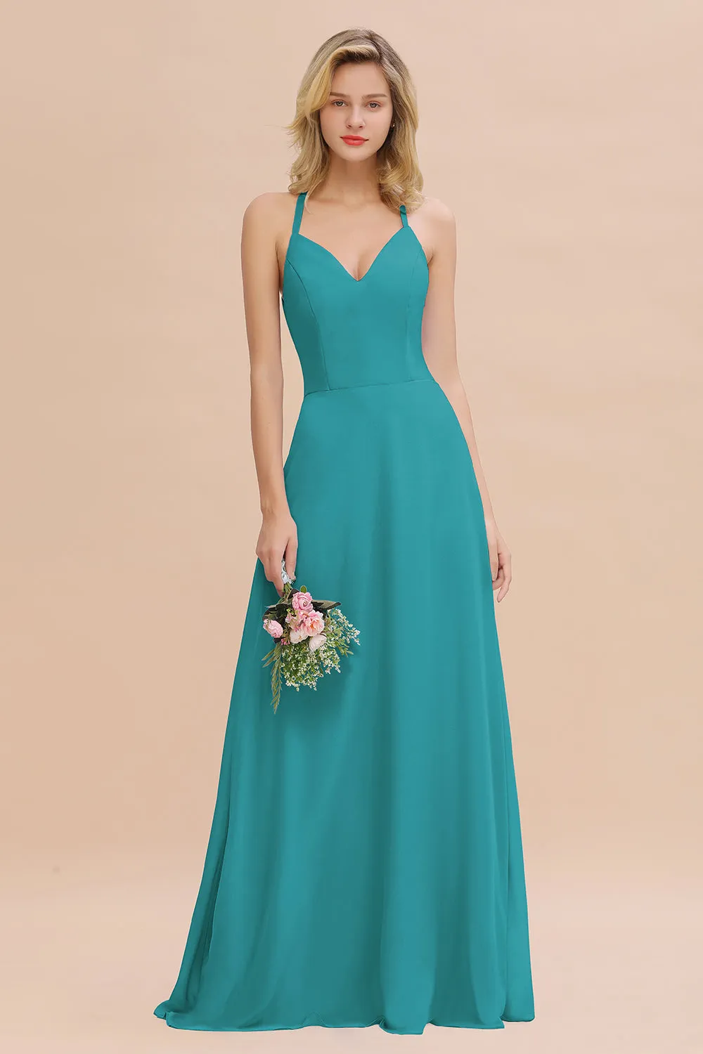 Stylish A-line Chiffon Spaghetti Straps Sleeveless Long Bridesmaid Dress