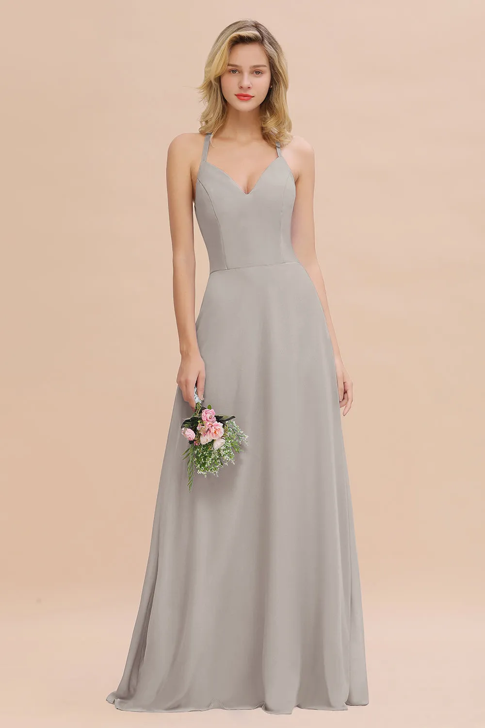 Stylish A-line Chiffon Spaghetti Straps Sleeveless Long Bridesmaid Dress