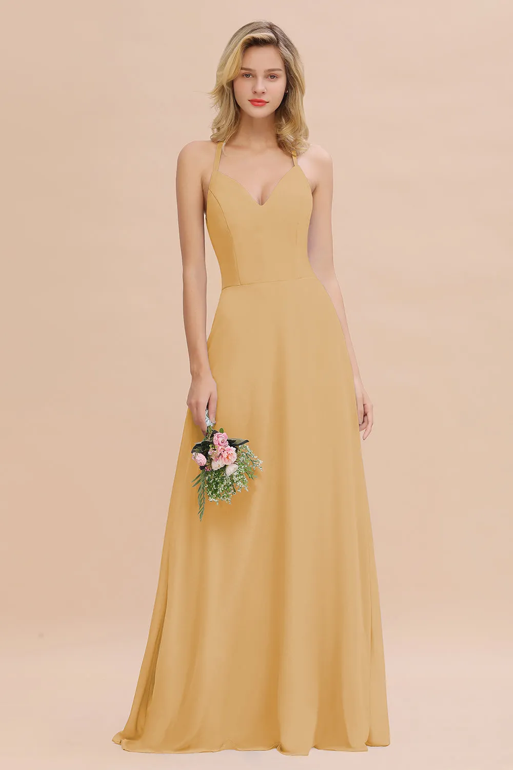 Stylish A-line Chiffon Spaghetti Straps Sleeveless Long Bridesmaid Dress