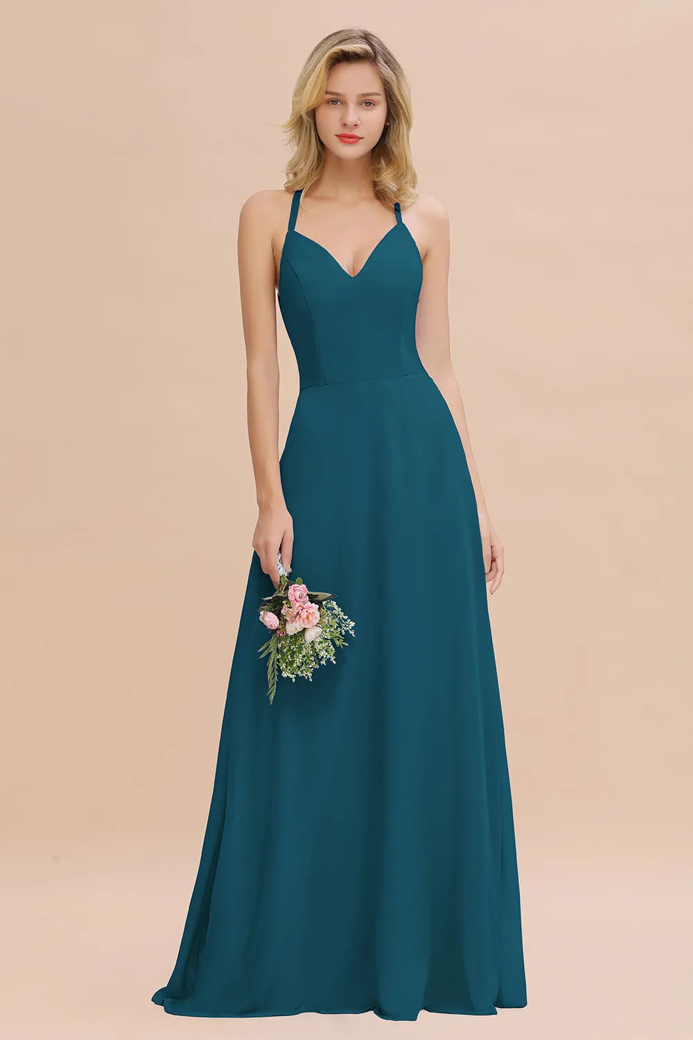 Stylish A-line Chiffon Spaghetti Straps Sleeveless Long Bridesmaid Dress