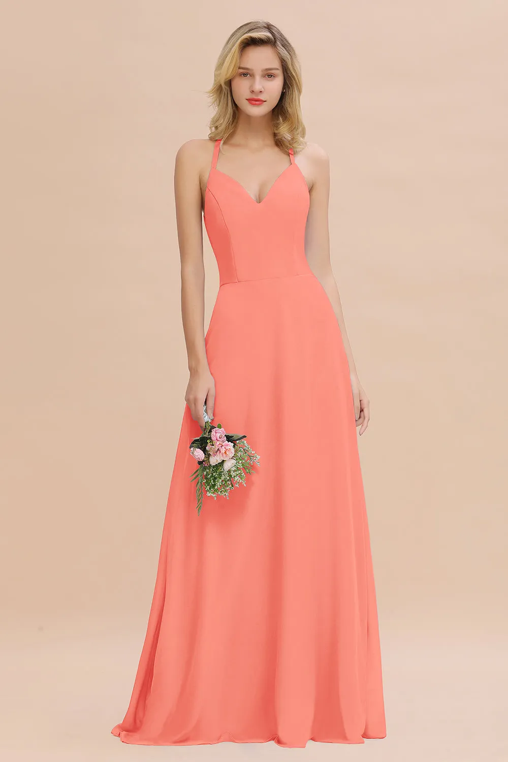 Stylish A-line Chiffon Spaghetti Straps Sleeveless Long Bridesmaid Dress