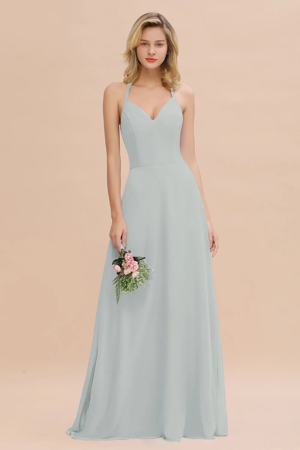 Stylish A-line Chiffon Spaghetti Straps Sleeveless Long Bridesmaid Dress