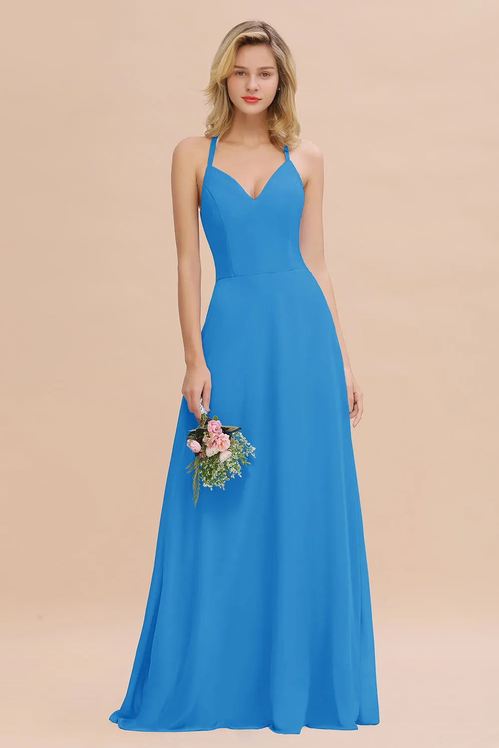 Stylish A-line Chiffon Spaghetti Straps Sleeveless Long Bridesmaid Dress