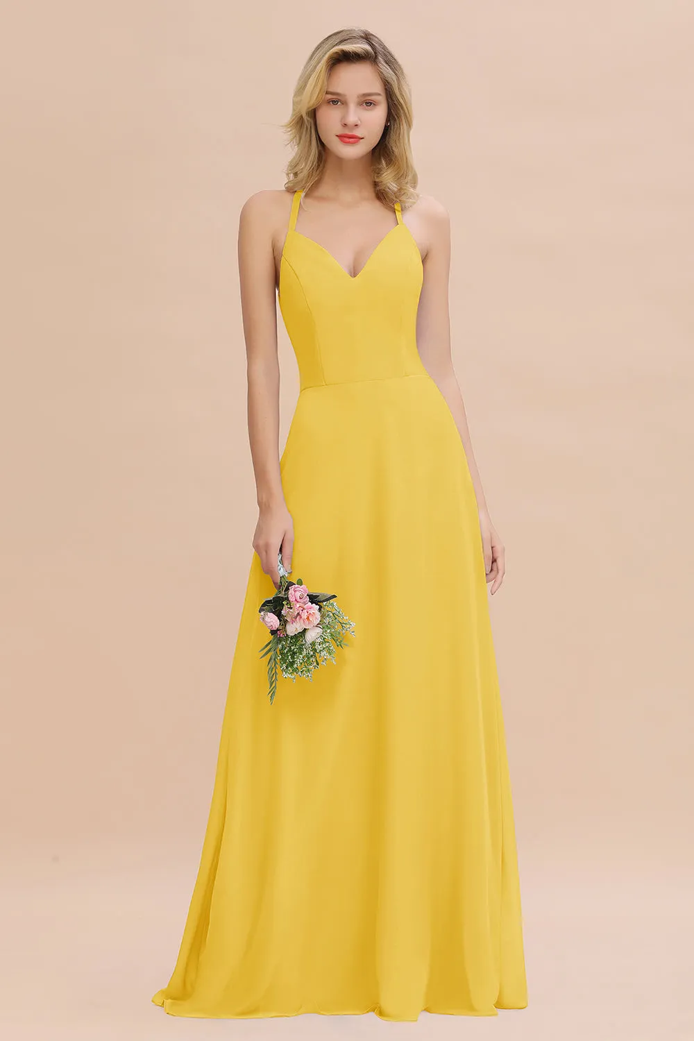 Stylish A-line Chiffon Spaghetti Straps Sleeveless Long Bridesmaid Dress