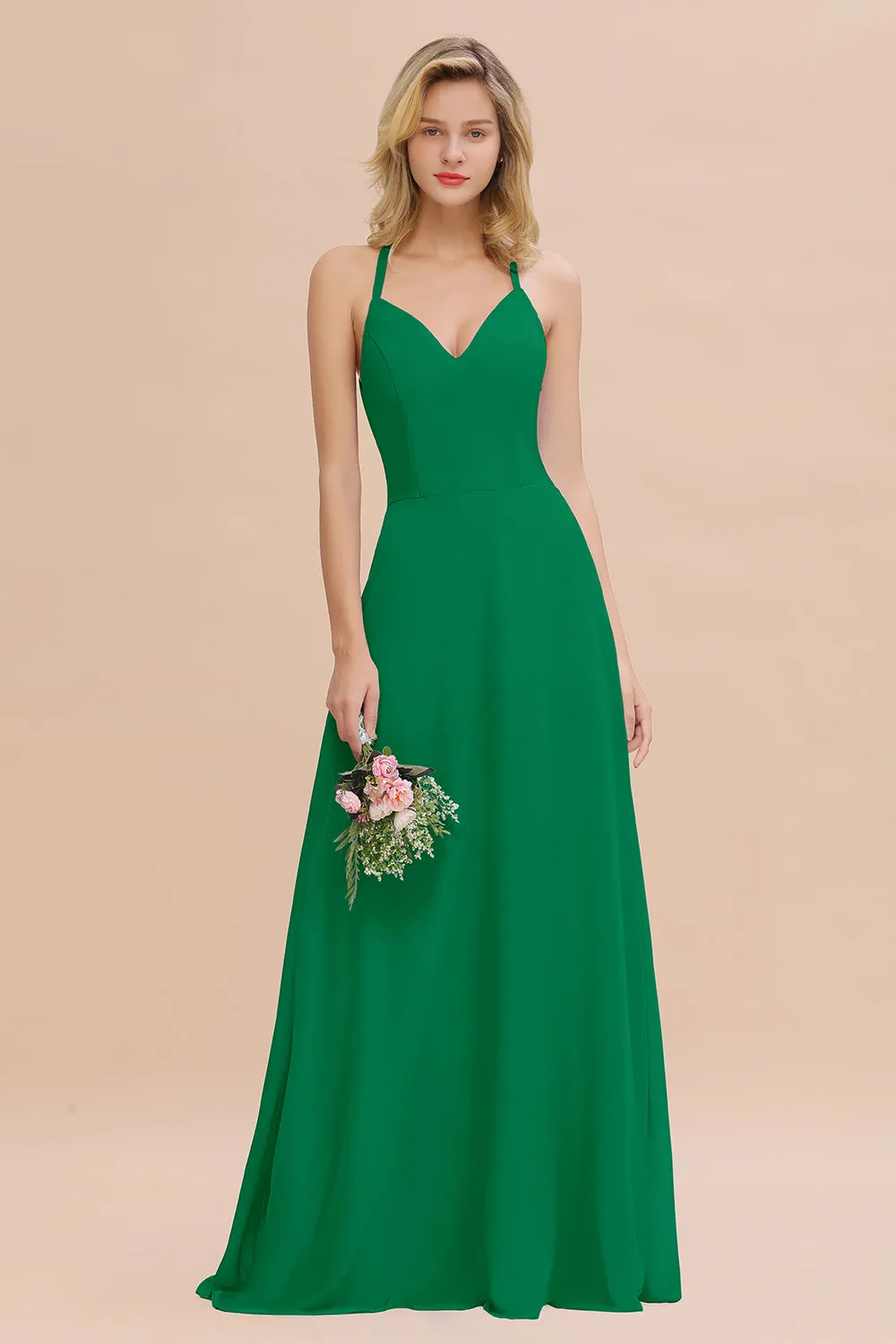 Stylish A-line Chiffon Spaghetti Straps Sleeveless Long Bridesmaid Dress