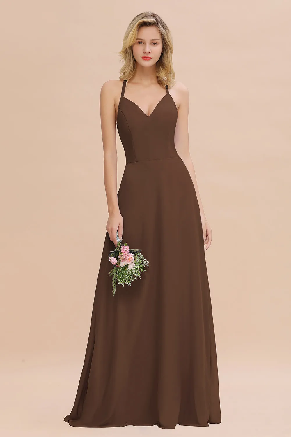 Stylish A-line Chiffon Spaghetti Straps Sleeveless Long Bridesmaid Dress