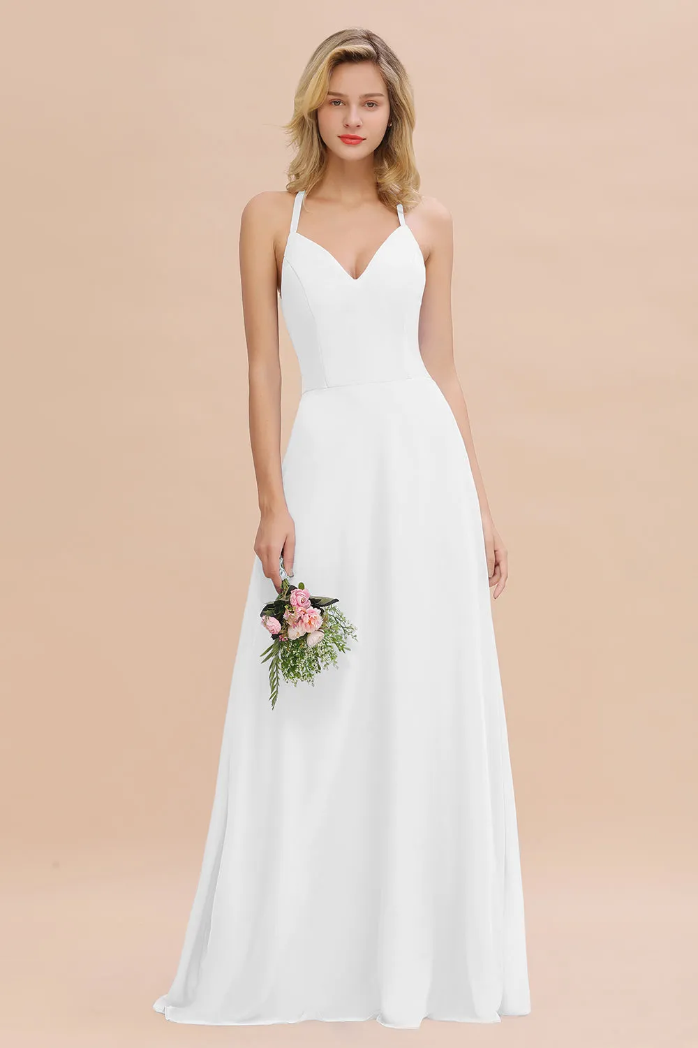 Stylish A-line Chiffon Spaghetti Straps Sleeveless Long Bridesmaid Dress