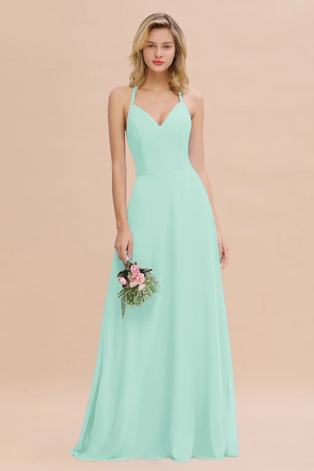 Stylish A-line Chiffon Spaghetti Straps Sleeveless Long Bridesmaid Dress