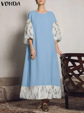 Summer Dress VONDA Women Lace Patchwork Party Vestidos Casual Loose Lantern Sleeve Robe Holiday Party Sundress 3XL S4226211