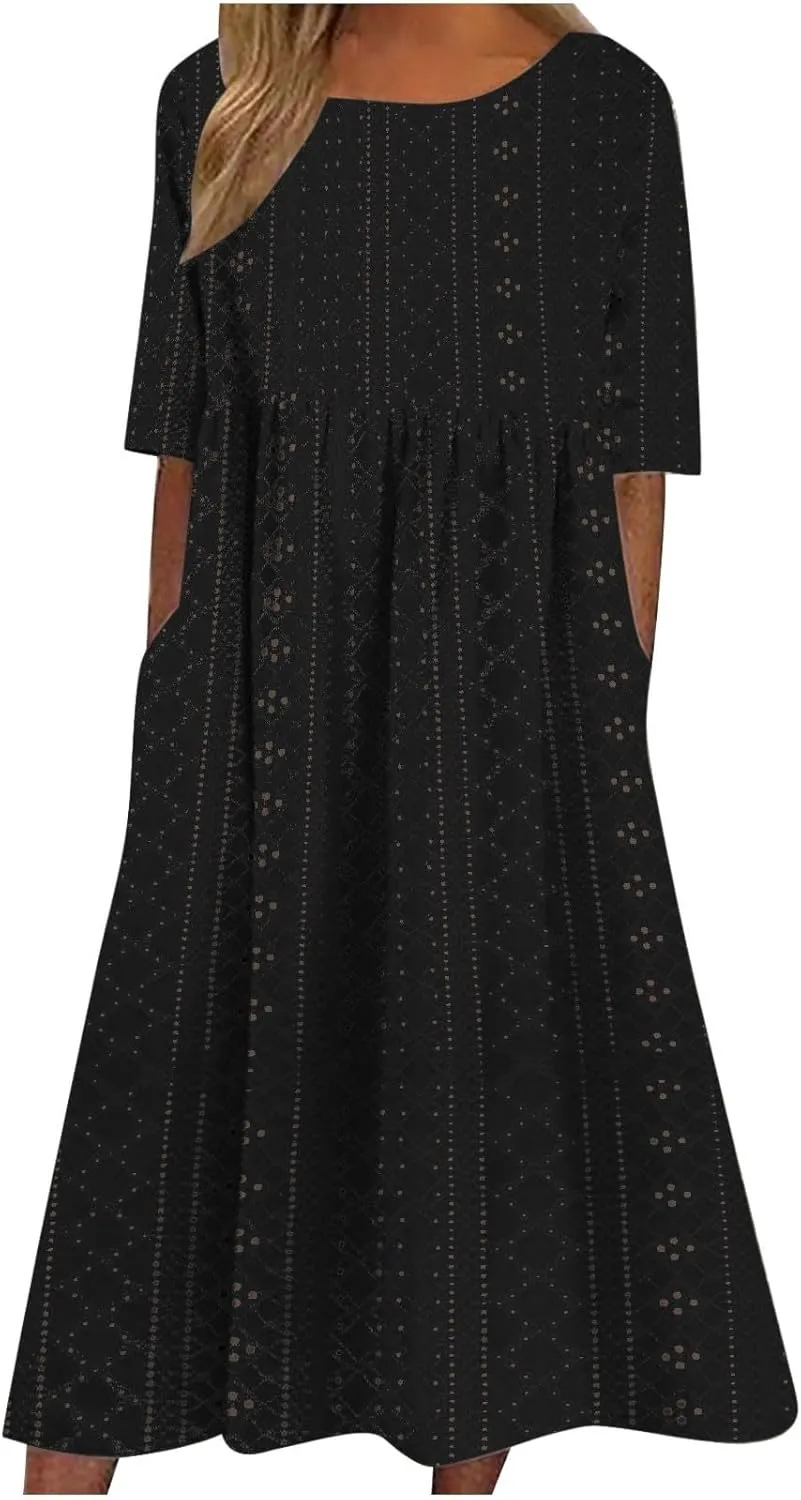 Summer Dresses for Women 2025 Loose Beach Vacation Flowy Dress Casual Crew Neck Short Sleeve Sundress with Pocket
