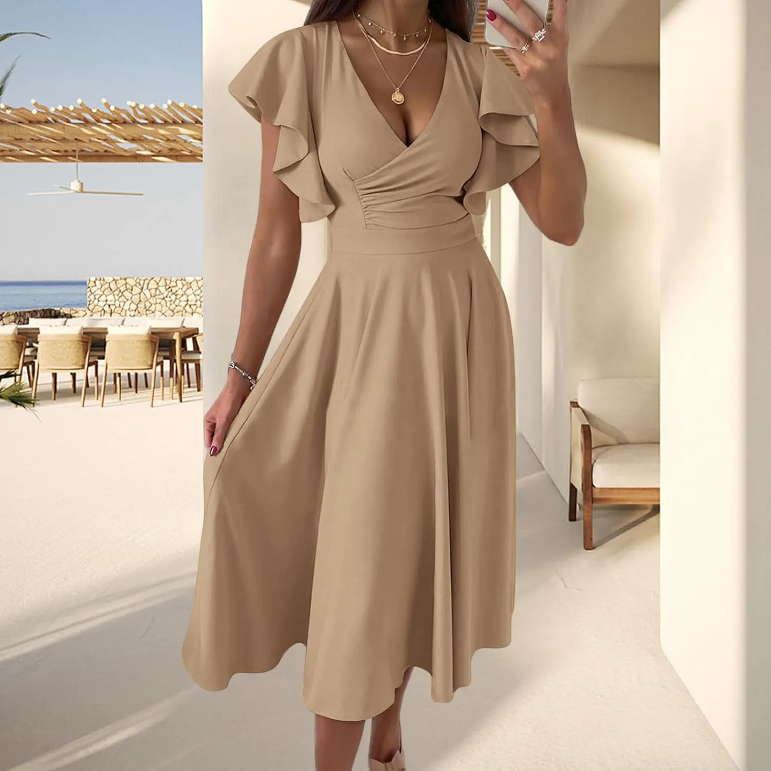 Summer Dresses for Women 2025 Wedding Guest Dress Wrap V Neck Ruffle Cap Sleeve Midi Dresses Party Cocktail Dress