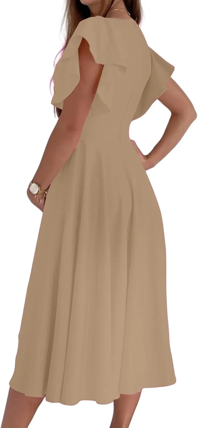 Summer Dresses for Women 2025 Wedding Guest Dress Wrap V Neck Ruffle Cap Sleeve Midi Dresses Party Cocktail Dress