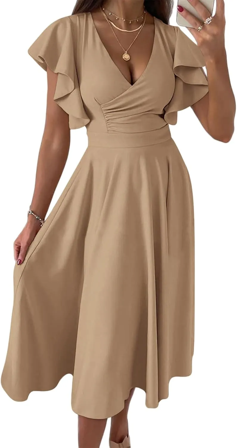 Summer Dresses for Women 2025 Wedding Guest Dress Wrap V Neck Ruffle Cap Sleeve Midi Dresses Party Cocktail Dress