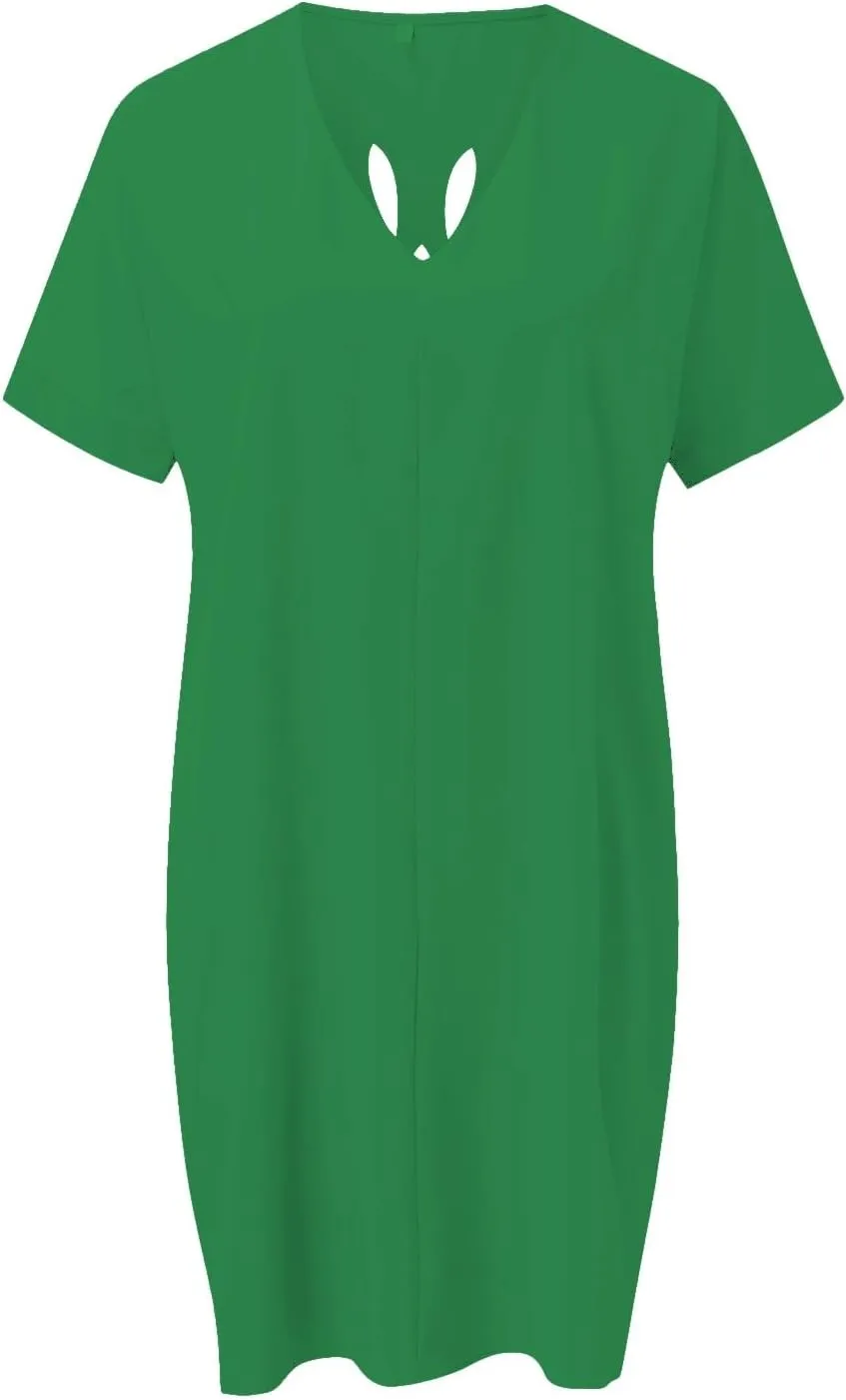 Summer Dresses for Women Short Sleeve Back Hollow Out V Neck Beach Vacation Sundress Casual Loose Swimsuit Coverup