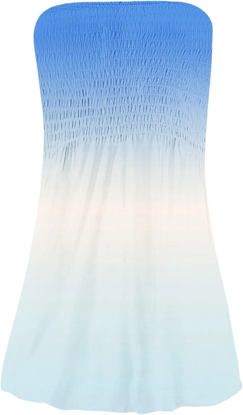 Summer Dresses for Women Strapless Smocked Tube Top Mini Dress, Casual Boho Gradient Color Beach Cover Ups