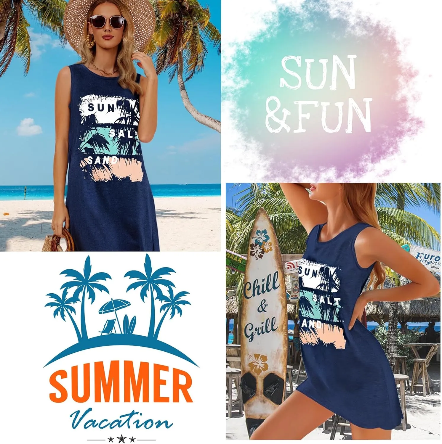Summer Tank Dress for Women Casual Vacation Sundress Coconut Tree Graphic Beach Cover Up
