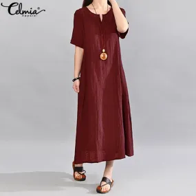 Sundress Women Vintage Linen Summer Dress 2022 Casual V Neck Short Sleeve Pockets Casual Loose Midi Vestido