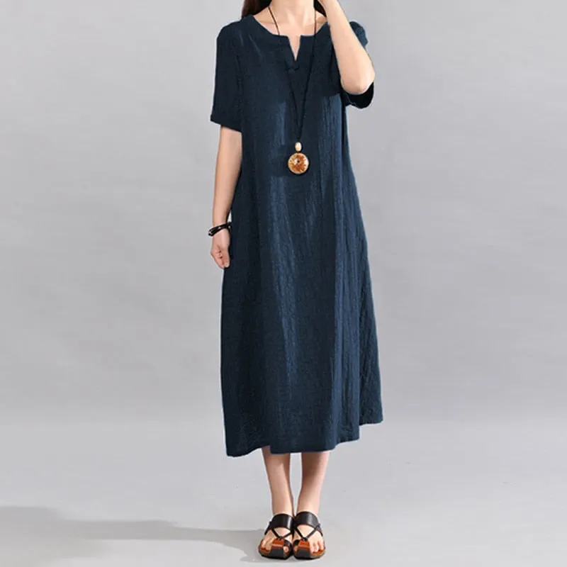 Sundress Women Vintage Linen Summer Dress 2022 Casual V Neck Short Sleeve Pockets Casual Loose Midi Vestido