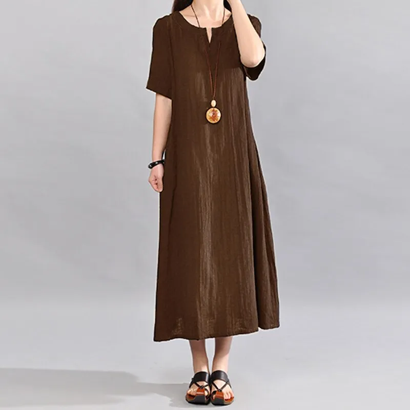 Sundress Women Vintage Linen Summer Dress 2022 Casual V Neck Short Sleeve Pockets Casual Loose Midi Vestido