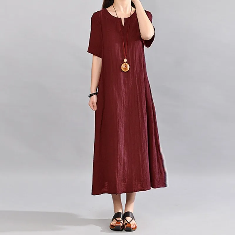 Sundress Women Vintage Linen Summer Dress 2022 Casual V Neck Short Sleeve Pockets Casual Loose Midi Vestido
