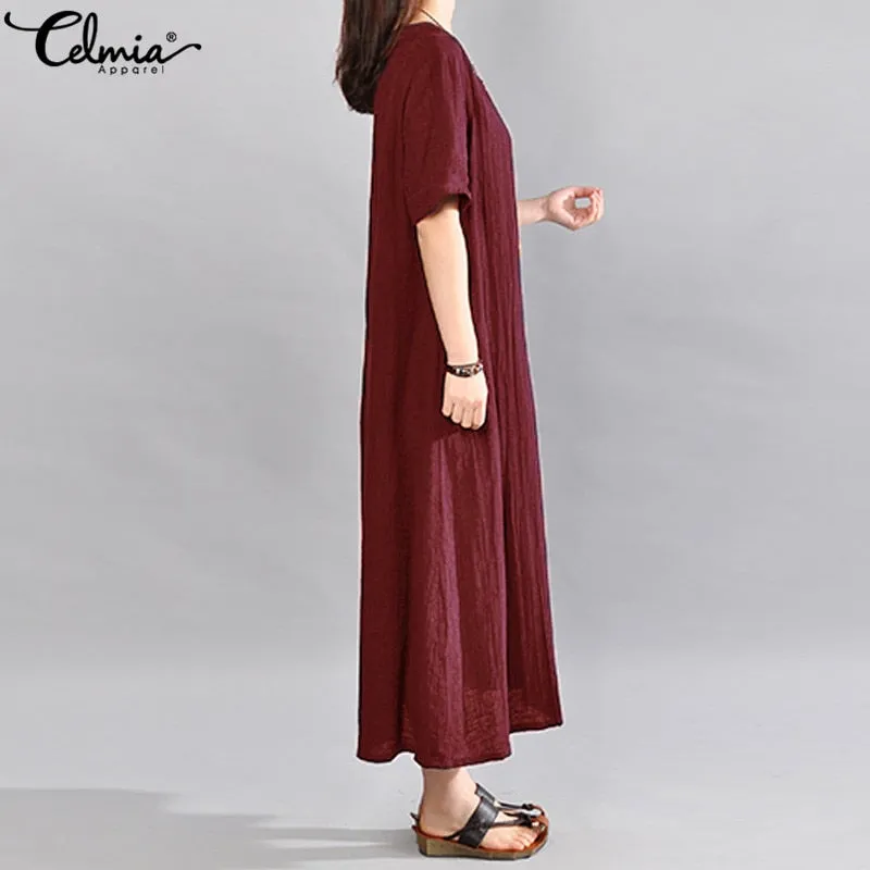 Sundress Women Vintage Linen Summer Dress 2022 Casual V Neck Short Sleeve Pockets Casual Loose Midi Vestido
