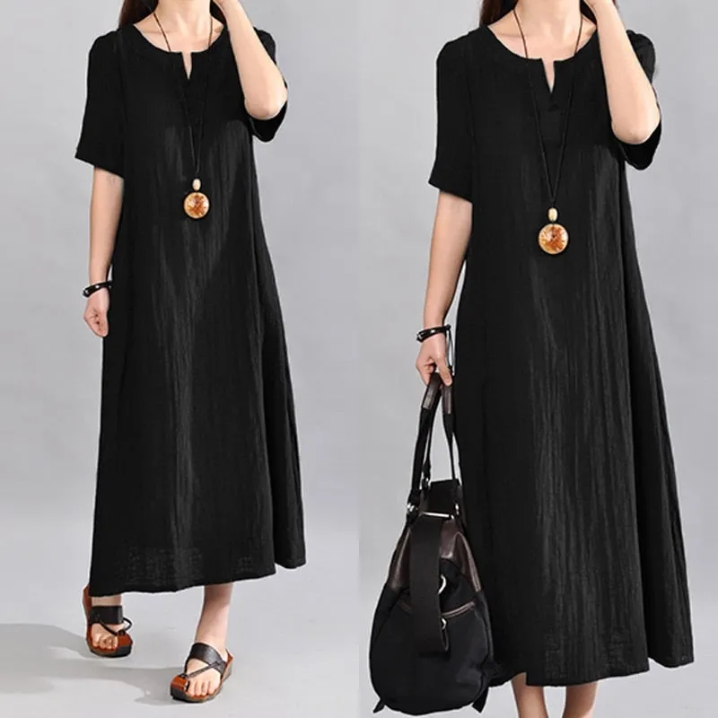 Sundress Women Vintage Linen Summer Dress 2022 Casual V Neck Short Sleeve Pockets Casual Loose Midi Vestido