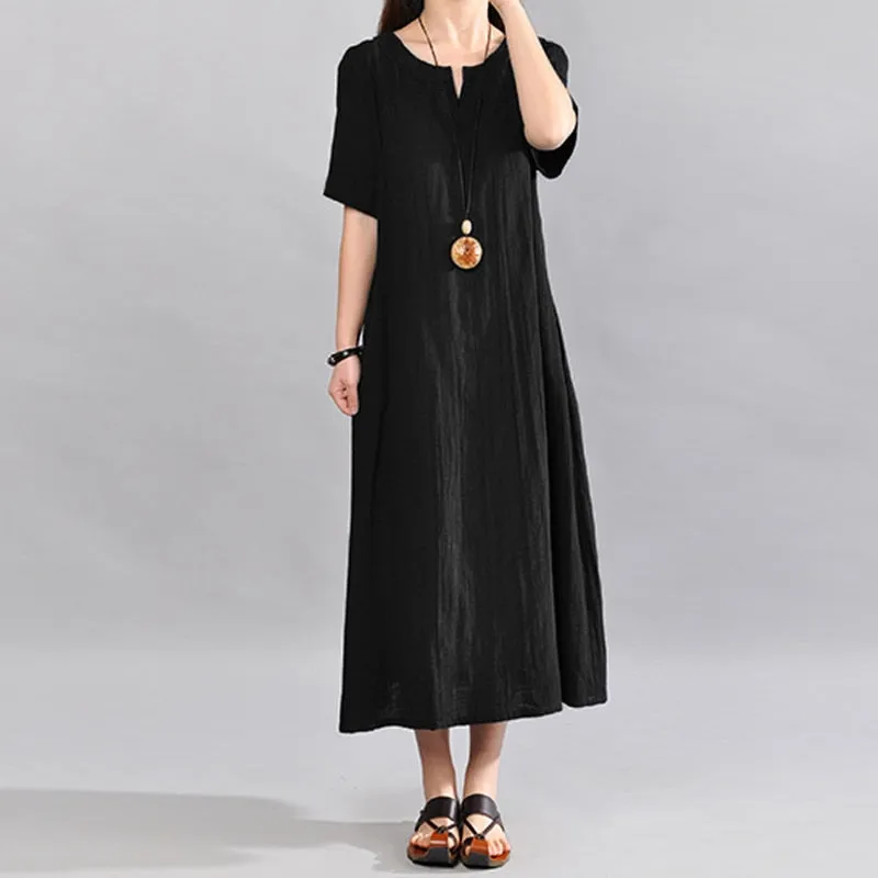 Sundress Women Vintage Linen Summer Dress 2022 Casual V Neck Short Sleeve Pockets Casual Loose Midi Vestido