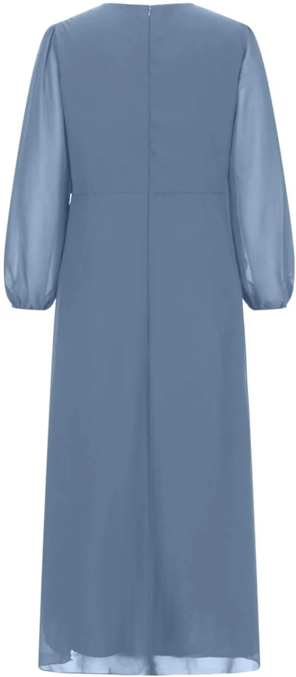 TANGNADE Women's Fall Dresses 2024 3/4 Sleeve V Neck Wrap A-Line Flowy Maxi Dress Flowy Pleated Wedding Guest Dress