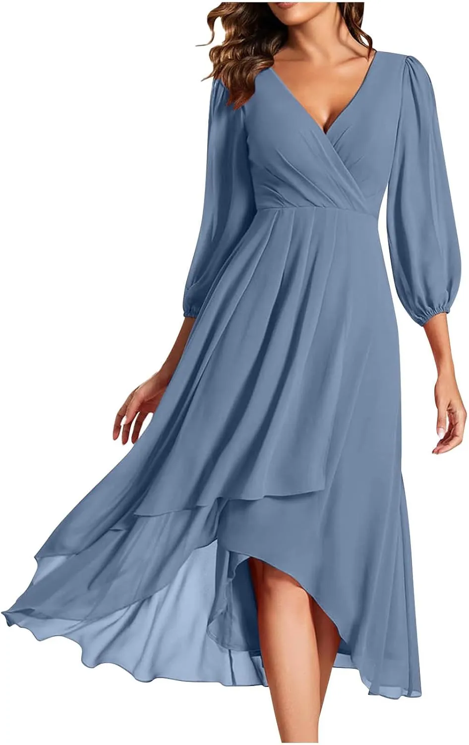 TANGNADE Women's Fall Dresses 2024 3/4 Sleeve V Neck Wrap A-Line Flowy Maxi Dress Flowy Pleated Wedding Guest Dress