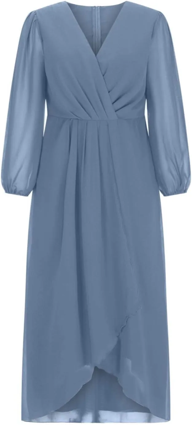 TANGNADE Women's Fall Dresses 2024 3/4 Sleeve V Neck Wrap A-Line Flowy Maxi Dress Flowy Pleated Wedding Guest Dress