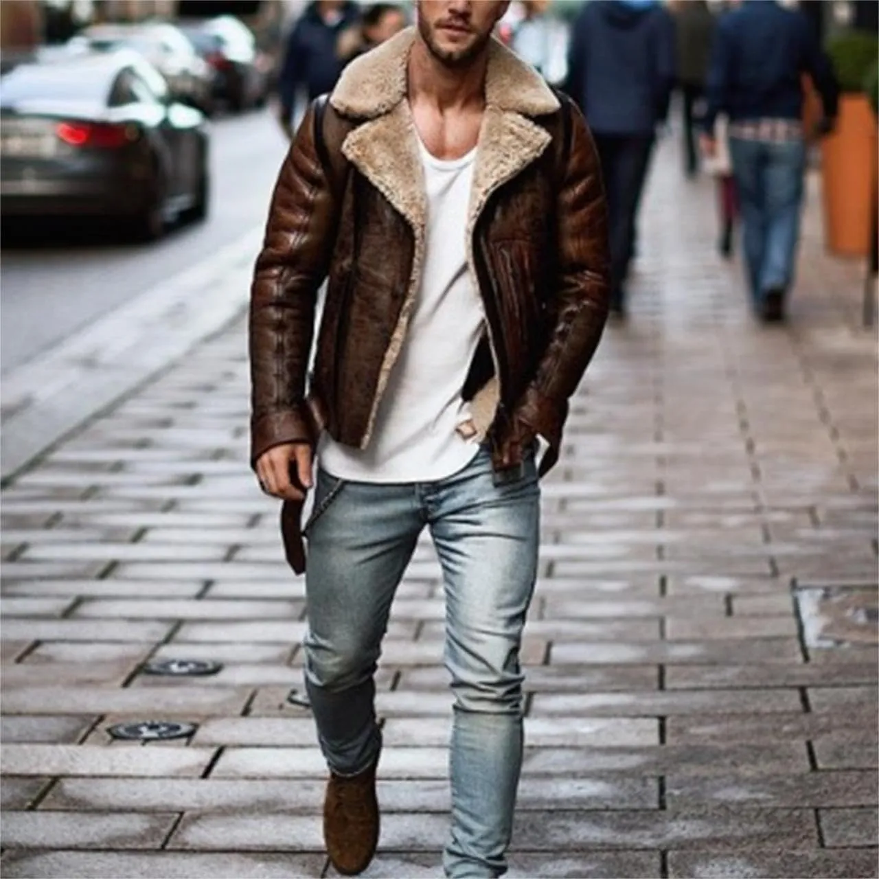 Thatrich Sherpa Lined Faux Leather Jacket Men Cropped Bomber Jacket Shearling Winter Coats Warm Outdoor Coat Vintage Cardigan