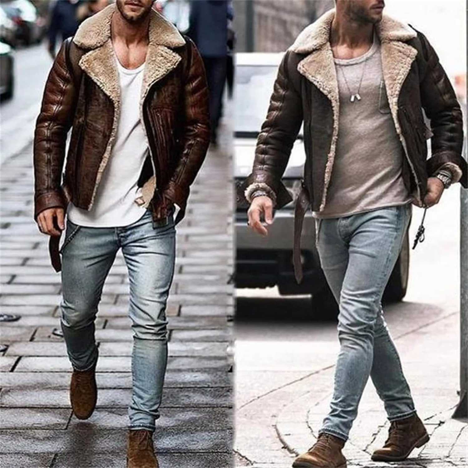 Thatrich Sherpa Lined Faux Leather Jacket Men Cropped Bomber Jacket Shearling Winter Coats Warm Outdoor Coat Vintage Cardigan