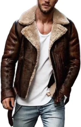 Thatrich Sherpa Lined Faux Leather Jacket Men Cropped Bomber Jacket Shearling Winter Coats Warm Outdoor Coat Vintage Cardigan