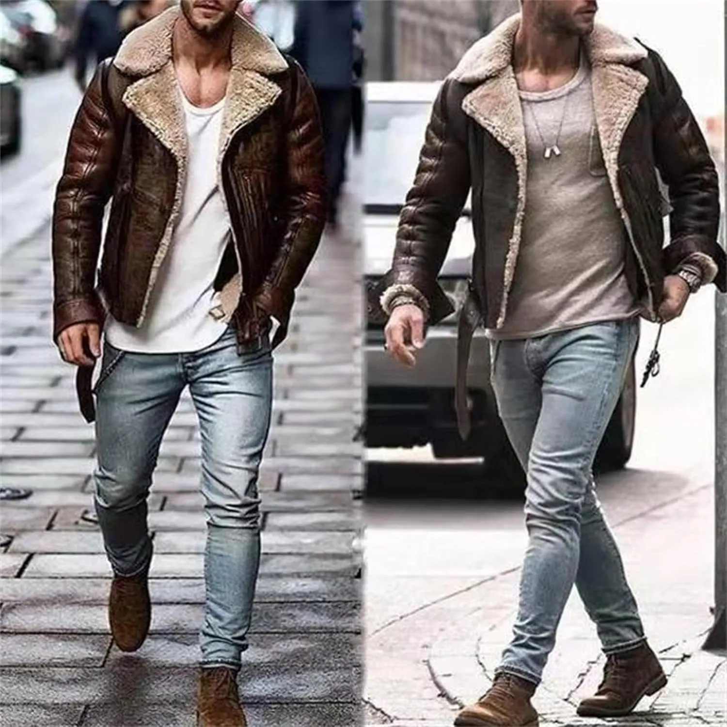 Thatrich Sherpa Lined Faux Leather Jacket Men Cropped Bomber Jacket Shearling Winter Coats Warm Outdoor Coat Vintage Cardigan