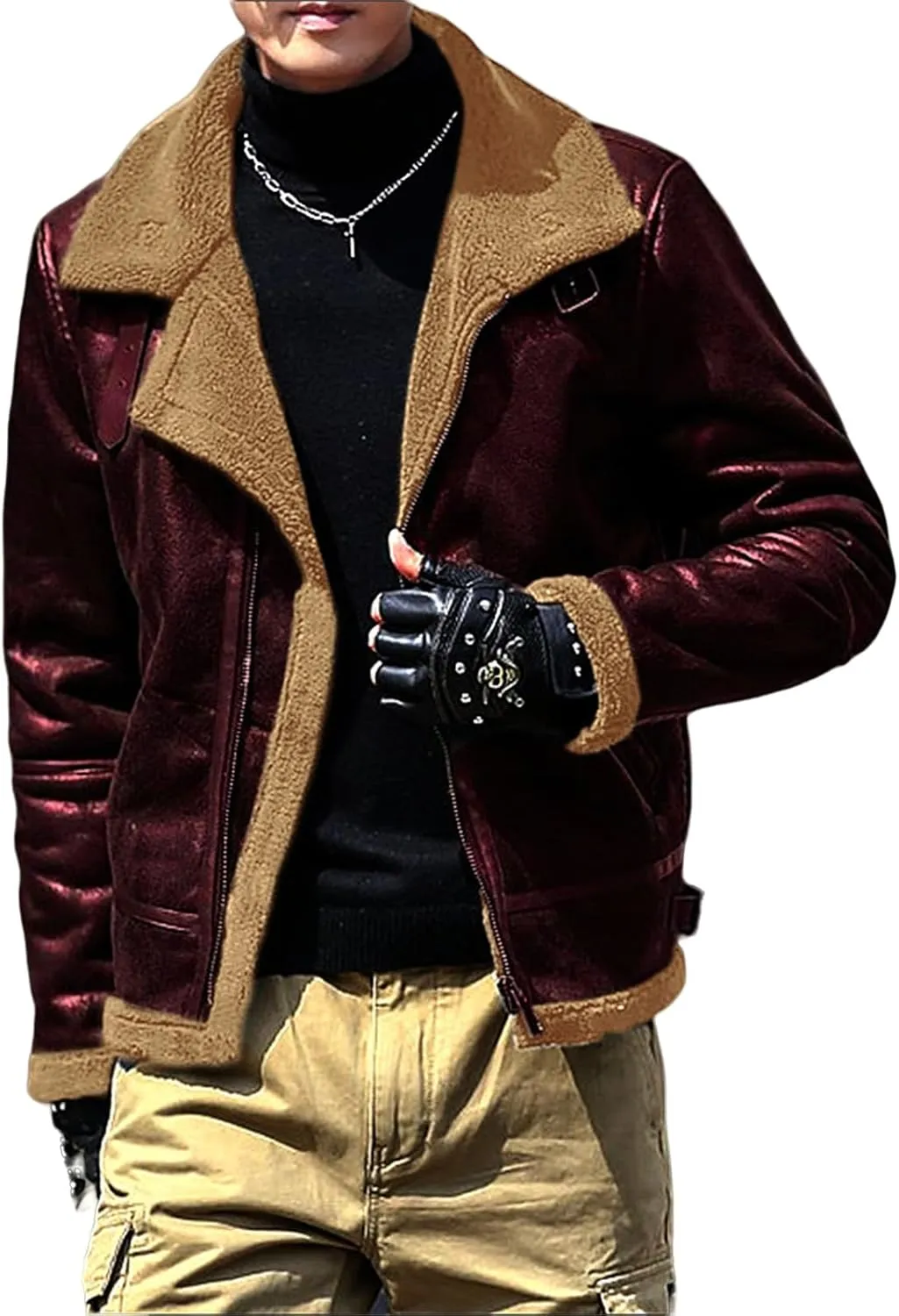 Thatrich Sherpa Lined Jacket Men Slim Fit Bomber Jacket Faux Leather Fur Coat Warm Windbreaker Jackets Outdoor Overcoat Coats