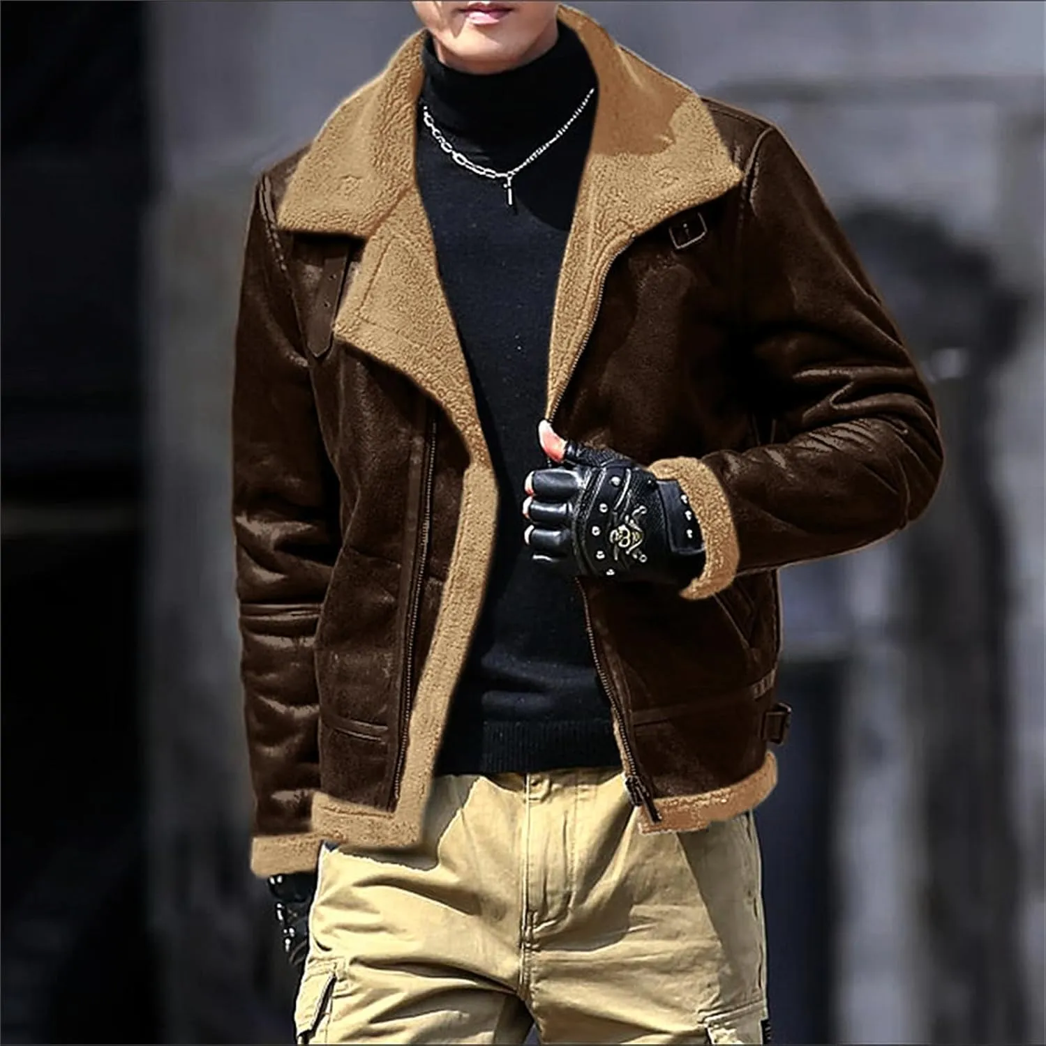 Thatrich Sherpa Lined Jacket Men Slim Fit Bomber Jacket Faux Leather Fur Coat Warm Windbreaker Jackets Outdoor Overcoat Coats