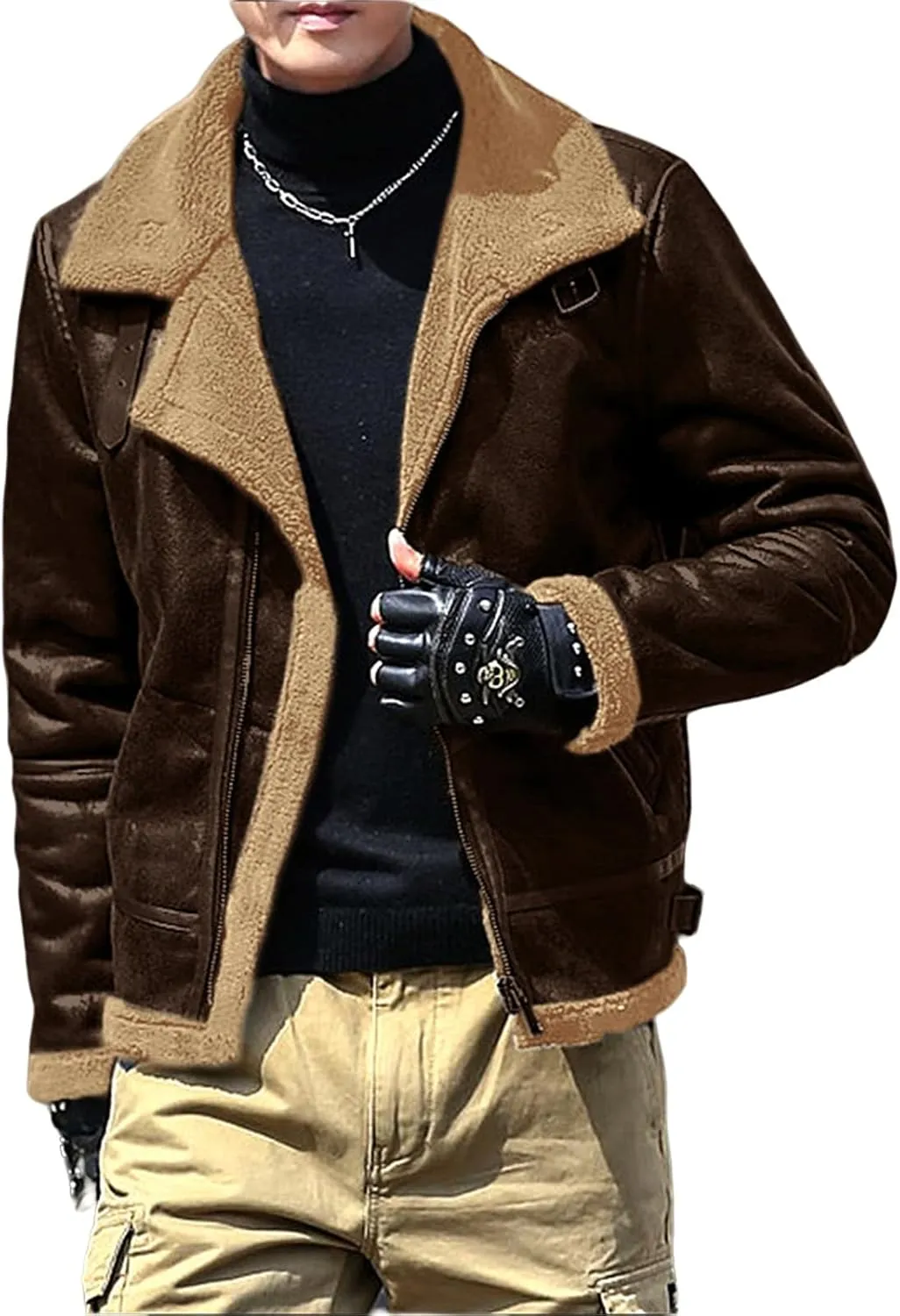 Thatrich Sherpa Lined Jacket Men Slim Fit Bomber Jacket Faux Leather Fur Coat Warm Windbreaker Jackets Outdoor Overcoat Coats