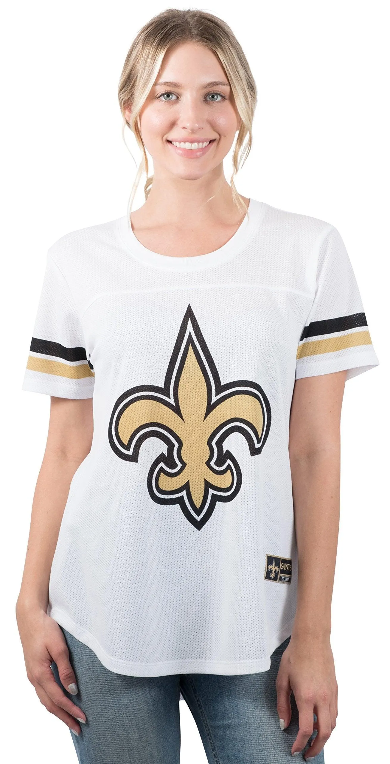 Ultra Game NFL Official Women's Super Soft Mesh Jersey T-Shirt, New Orleans Saints, White|New Orleans Saints