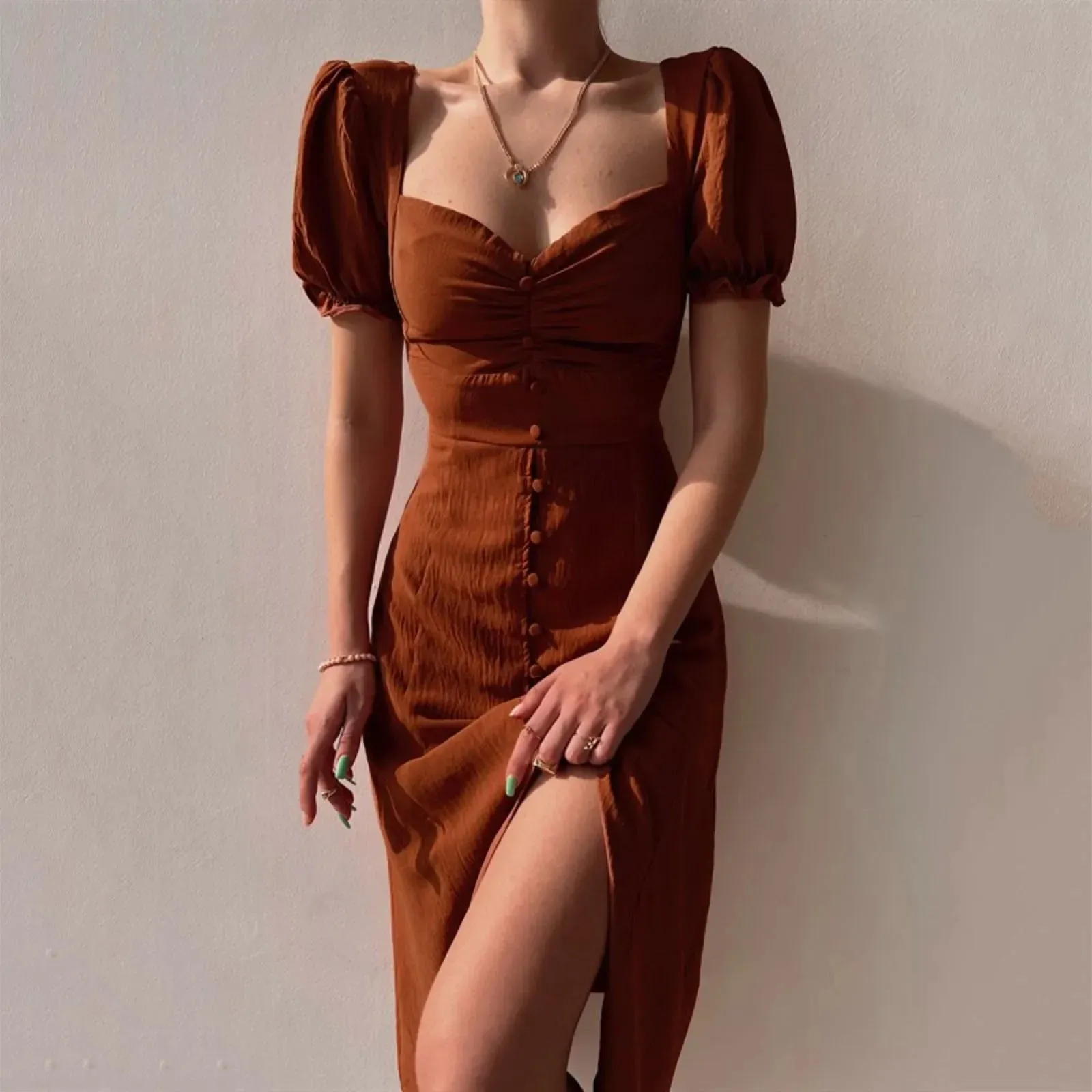 Vintage Chic Side Split Long Boho Beach Holiday Retro Print Sundress Midi Summer Dress