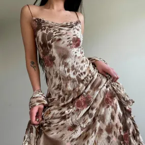 Vintage Fashion Leopard Flowers Print Long Dress Party Spaghetti Strap Y2K Chic Holidays Sundress Elegant Women Sexy