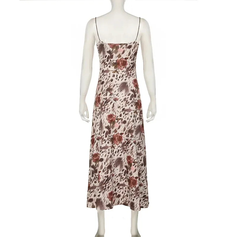 Vintage Fashion Leopard Flowers Print Long Dress Party Spaghetti Strap Y2K Chic Holidays Sundress Elegant Women Sexy