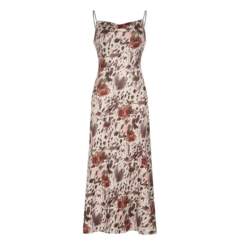 Vintage Fashion Leopard Flowers Print Long Dress Party Spaghetti Strap Y2K Chic Holidays Sundress Elegant Women Sexy