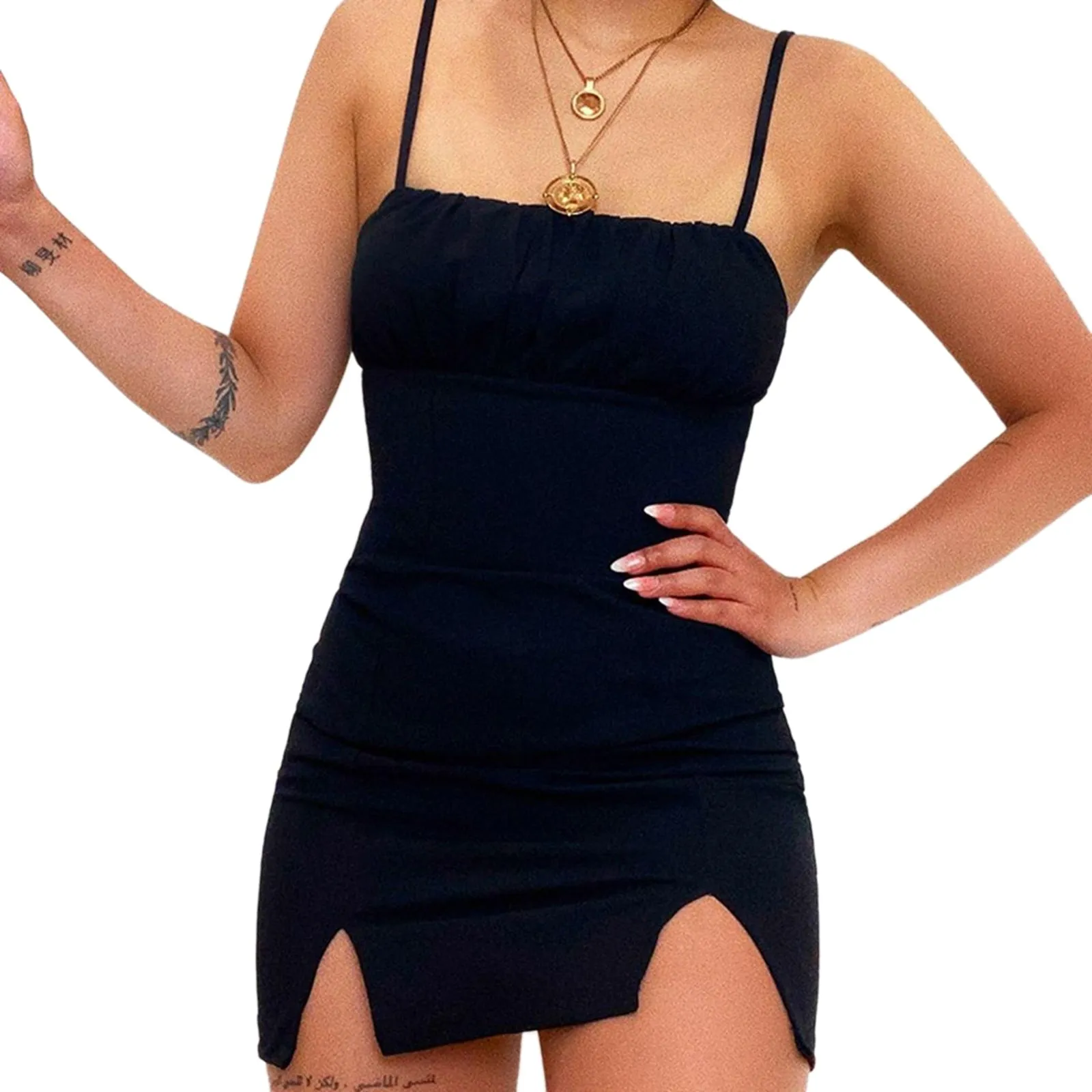 Wenkouban Women Sleeveless Double Split Dress Fashion Summer Solid Color Spaghetti Strap Mini Bodycon Dress Chic Ladies Pleated Sundress