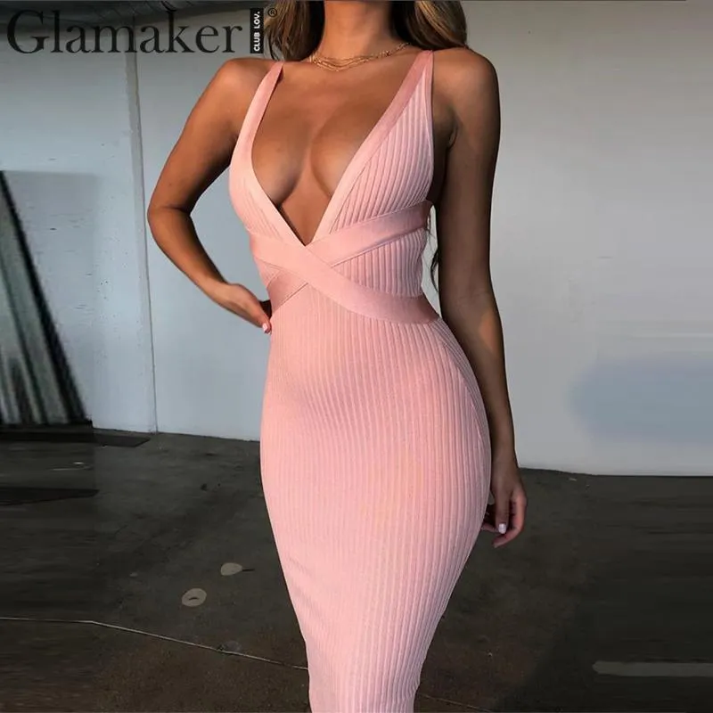 WILUXE  sexy bodycon v-neck sundress Women white long dress party summer dress Elegant female casual office pink dress