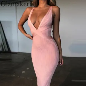 WILUXE  sexy bodycon v-neck sundress Women white long dress party summer dress Elegant female casual office pink dress