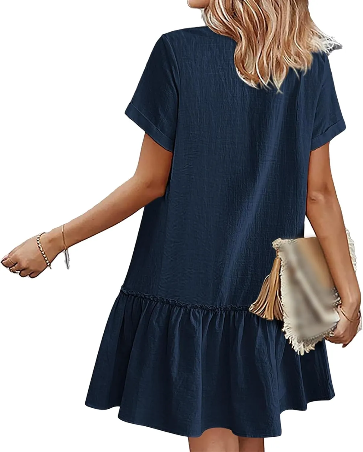 Women Button Down Dress Short Sleeve V Neck Cotton Linen Dress Tiered Ruffle Hem Shift Dresses