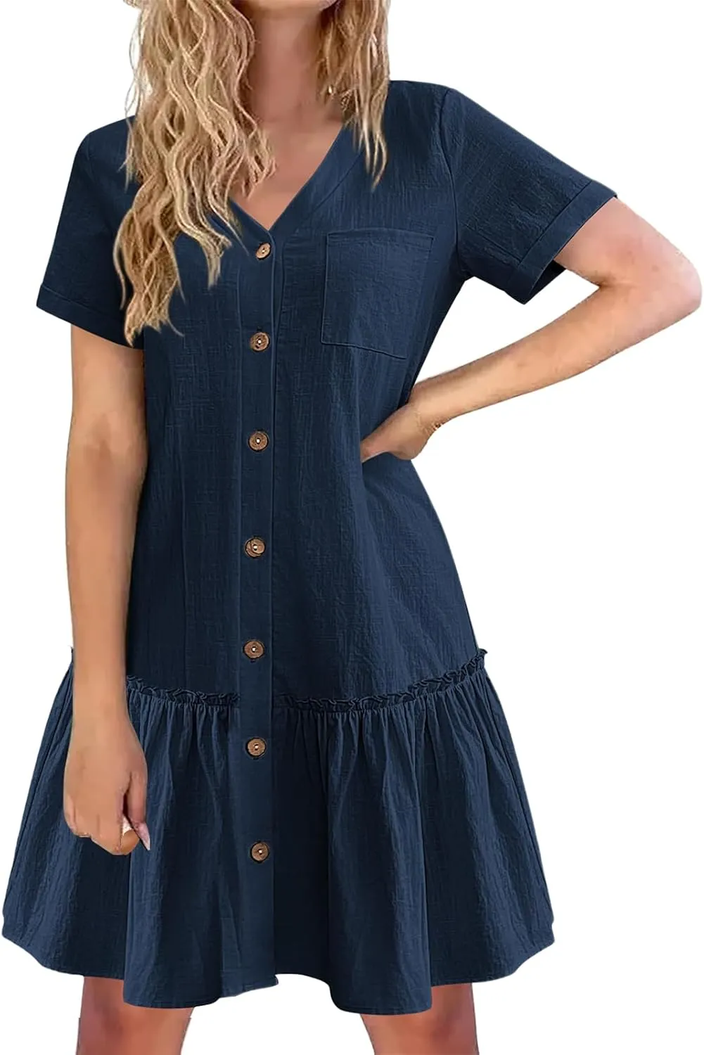 Women Button Down Dress Short Sleeve V Neck Cotton Linen Dress Tiered Ruffle Hem Shift Dresses