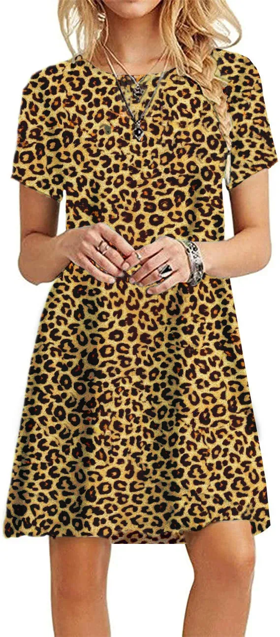Women Casual Short Sleeve T Shirt Dress Vintage O Neck Print Loose Mini Dress Elegant Simple Mini Dress Streetwear Sundress